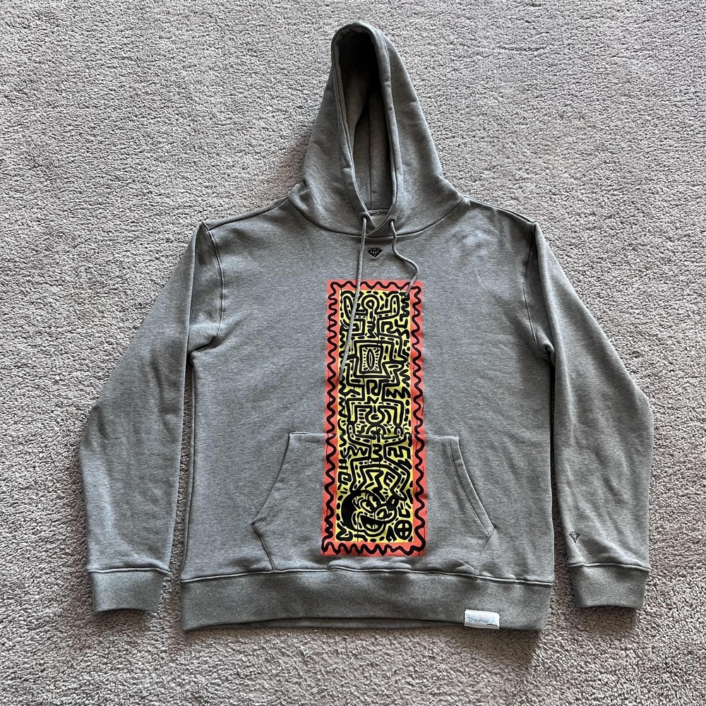 Diamond Supply Mickey Mouse X Keith Haring Hoodie Mens Large Gray Graphic Fleece - Picture 1 of 15